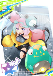 Rule 34 | 1girl, absurdres, bellibolt, highres, iono (pokemon), multicolored hair, nintendo, open mouth, pink eyes, pink hair, pokemon, pokemon (creature), pokemon sv, poyoxis, sharp teeth, teeth, x