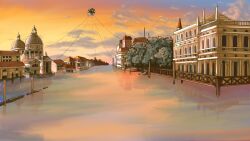 absurdres aria_(manga) building cloud cloudy_sky floating_island gradient_sky highres himono_(twin_mentality) no_humans orange_sky outdoors scenery sky venice yellow_sky