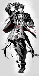Rule 34 | arm belt, arms up, belt, black coat, black pants, choker, coat, cross, cross necklace, fashion, fingerless gloves, full body, gloves, greyscale, highres, jacket, jewelry, latin cross, legs, legs together, long sleeves, looking at viewer, male focus, monochrome, multiple belts, necklace, open belt, open clothes, open coat, pants, shoes, short hair, solo, standing, yanghua gaizi