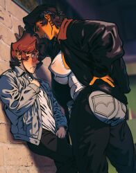 1boy 1girl absurdres against_wall assertive_female belt black_hair black_jacket blush breasts brick_wall brown_hair chaps closed_mouth collared_jacket commentary covered_erect_nipples dark-skinned_female dark_skin english_commentary facial_hair glasses grey_jacket grin hand_on_own_chest hand_on_own_hip hand_on_wall height_difference highres jacket kabedon large_breasts leaning_forward looking_at_another looking_down looking_up miles_mandel no_bra open_clothes open_jacket original pants round_eyewear shirt short_hair smile tank_top white_shirt white_tank_top