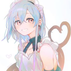 Rule 34 | 1boy, alternate costume, apron, arknights, black collar, black shirt, black sleeves, blue hair, clenched teeth, collar, crossed bangs, detached sleeves, earclip, enmaided, grin, hair between eyes, heart, light blush, looking at viewer, maid, maid headdress, male focus, mizuki (arknights), namie-kun, pink eyes, shirt, short hair with long locks, simple background, smile, solo, teeth, tentacles, trap, upper body, white apron, white background