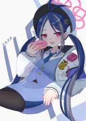 1girl :d antenna_hair black_pantyhose blue_archive blue_hair blue_necktie blue_skirt blue_vest collared_shirt donut food fubuki_(blue_archive) grey_hair hair_ornament halo hat heart heart_hair_ornament highres holding holding_donut holding_food jacket long_hair multicolored_hair necktie open_clothes open_jacket open_mouth pantyhose pink_eyes pink_halo police_badge police_hat school_uniform shadow shirt skirt smile solo streaked_hair tawashi_(hoisassa) tongue twintails vest white_background white_jacket white_shirt