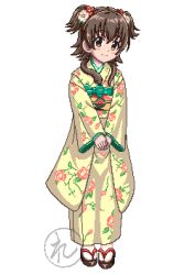 1girl akagi_miria animal blush brown_eyes brown_hair brown_kimono brown_sandals chinese_zodiac closed_mouth flower full_body hair_between_eyes hair_flower hair_ornament idolmaster idolmaster_cinderella_girls japanese_clothes kimono long_sleeves looking_at_viewer obi own_hands_together pixel_art red_flower regular_mow sandals sash simple_background sleeves_past_wrists smile snake socks solo standing table two_side_up watermark white_background white_flower white_socks wide_sleeves year_of_the_snake zouri