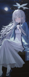 1girl blue_archive blue_haori blush closed_mouth colored_eyelashes commentary dress grey_eyes hair_ornament halo hand_on_own_chest haori highres japanese_clothes long_dress long_hair looking_at_viewer moon nagusa_(blue_archive) pleated_skirt school_uniform serafuku sidelocks sitting skirt snowflake_hair_ornament solo sweetcho white_eyelashes white_hair white_halo white_serafuku white_skirt