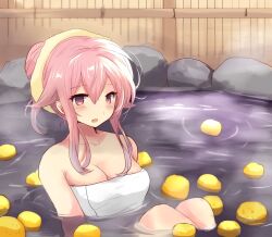 1girl alternate_hairstyle bath bathing breasts cleavage fence food fruit hair_bun harusame_(kancolle) highres hirune_(konekonelkk) kantai_collection lemon long_hair looking_at_viewer medium_breasts naked_towel onsen partially_submerged pink_hair red_eyes rock solo towel water