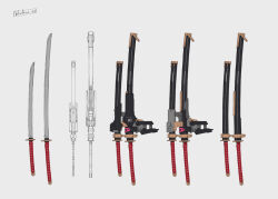 Rule 34 | grey background, heavily armed high school girls, katana, neco, no humans, reference sheet, scabbard, sheath, sheathed, simple background, sword, weapon, weapon focus