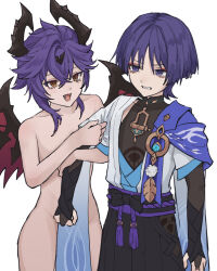 2boys anemo_symbol_(genshin_impact) arm_at_side armor belt black_belt black_bodysuit black_bow black_bridal_gauntlets black_horns black_shorts blue_gemstone blue_kimono blue_sleeves blunt_ends bodysuit bow bridal_gauntlets cape clenched_hand clothes_grab collarbone completely_nude covered_collarbone dragon_horns dragon_wings durin_(genshin_impact) eyeliner eyeshadow facial_mark fangs feathers forehead_mark gem genshin_impact gold_ring groin hakama hakama_shorts highres hip_vent horns humanization japanese_armor japanese_clothes juban kimono kote kurokote layered_sleeves locked_arms looking_at_another lower_eyelashes_only makeup mandarin_collar middle_ring mini_durin_(genshin_impact) multiple_boys nude open_clothes open_kimono open_mouth parted_lips pleated_shorts pom_pom_(clothes) purple_cape purple_eyes purple_hair purple_rope purple_sash red_eyeliner red_eyeshadow red_wings rope sash scaramouche_(genshin_impact) short_sleeves shorts shoulder_peek sleeve_grab spoilers tassel tsurime vision_(genshin_impact) wanderer_(genshin_impact) white_kimono white_mouth white_sleeves white_trim wings wispy_bangs yamabuki_(yamabuki_xxxxx) yellow_eyes yellow_feathers