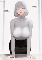 1girl black_skirt breasts commentary covered_collarbone drill_hair english_text fingernails girls&#039;_frontline grey_hair hands_on_table highres j_adsen jewelry large_breasts leaning_forward long_sleeves looking_at_viewer mature_female office_lady purple_eyes purple_lips ring rpk-16_(girls&#039;_frontline) shirt short_hair skirt smile solo turtleneck turtleneck_shirt watermark web_address wedding_ring white_shirt