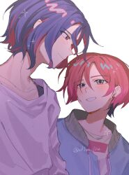 1boy 1girl amate_yuzuriha aqua_eyes blue_hair blush ch1wa_l0ve colored_inner_hair gundam gundam_gquuuuuux highres jacket looking_at_another multicolored_hair open_mouth red_eyes red_hair shirt short_hair shuji_ito simple_background smile two-tone_hair upper_body white_background white_shirt