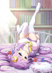 1girl alternate_costume blue_bow blue_eyes book bookshelf bow breasts cleavage commentary_request crescent crescent_hair_ornament futa_(nabezoko) hair_bow hair_ornament hat highres large_breasts long_hair long_sleeves looking_at_viewer lying mob_cap multiple_hair_bows neckerchief no_headwear on_back on_bed open_mouth patchouli_knowledge pink_shirt purple_hair purple_sailor_collar purple_skirt red_bow sailor_collar sailor_shirt school_uniform shirt skirt solo thighhighs touhou unworn_headwear very_long_hair watermark watermark_grid white_thighhighs yellow_neckerchief