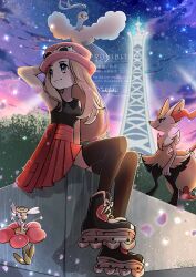 1girl absurdres altaria black_boots black_shirt blonde_hair boots braixen commentary_request eyewear_on_headwear flabebe gen_3_pokemon gen_6_pokemon hand_up hat highres long_hair looking_to_the_side mocha_fushigi nintendo outdoors pink_hat pleated_skirt pokemon pokemon_(creature) pokemon_xy red_skirt roller_skates serena_(pokemon) shirt signature sitting skates skirt sky sleeveless sleeveless_shirt sunglasses thighhighs twilight watermark