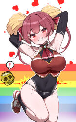 ! 1girl armpits arms_up artistic_error ascot black_gloves blush breasts cheerleader commentary_request covered_navel dokuro-kun_(houshou_marine) elbow_gloves gloves grin heart highres hololive houshou_marine kani_bonara large_breasts long_hair looking_at_viewer pom_pom_(cheerleading) rainbow_background red_eyes red_hair skindentation smile solo spoken_exclamation_mark standing standing_on_one_leg twintails very_long_hair virtual_youtuber