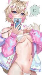 1girl absurdres alternate_costume animal_ear_fluff animal_ears ayrinsama bandaid bandaid_hair_ornament bare_shoulders bikini bikini_top_pull blonde_hair blue_eyes breasts cellphone chain commentary covered_mouth dog_ears dog_girl dog_tail fingernails groin hair_intakes hair_ornament highleg highleg_bikini highres holding holding_phone hololive hololive_english jacket jacket_partially_removed light_blush long_sleeves looking_at_viewer mococo_abyssgard navel open_clothes open_jacket phone pink_hair pink_nails short_hair signature simple_background small_breasts smartphone solo stomach swimsuit tail taking_picture virtual_youtuber white_background white_bikini x_hair_ornament
