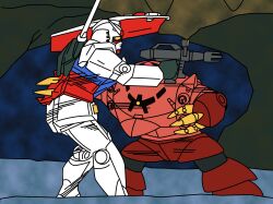 battle beam_rifle claws commentary_request energy_gun gun gundam highres holding holding_gun holding_weapon mecha mecha_focus mobile_suit mobile_suit_gundam no_humans one-eyed reprilo_channel robot rx-78-2_gundam scene_reference science_fiction shield v-fin weapon yellow_eyes zeon zock