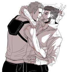 2boys arm_around_neck arm_hair bone brown_hair chest_hair cigar claws deadpool facial_hair grey_hair hand_on_another&#039;s_waist highres large_pectorals looking_at_viewer male_focus marvel mouth_hold multicolored_hair multiple_boys muscular muscular_male pants pectorals shirt short_hair siyi1996 sleeveless smile smoke smoking teeth two-tone_hair v wolverine_(x-men) x-men x-men:_days_of_future_past x-men_film_series x-men_origins:_wolverine yaoi