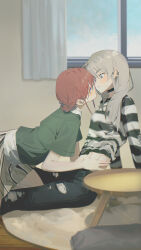 2girls absurdres black_choker black_pants blue_eyes blush brown_hair choker commentary curtains earclip english_commentary eye_contact girls_band_cry green_shirt grey_eyes grey_hair grey_skirt hand_under_clothes highres indoors iseri_nina kawaragi_momoka long_hair long_sleeves looking_at_another low_twintails midriff multicolored_hair multiple_girls navel open_mouth pants roots_(hair) shirt short_hair short_sleeves short_twintails skirt striped_clothes striped_shirt sweatdrop table torn_clothes torn_curtains torn_pants twintails white_shirt window ydpfa yuri