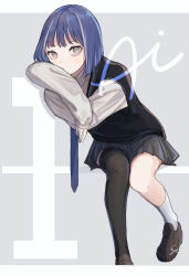 Rule 34 | 1girl, absurdres, black sweater, black thighhighs, blue hair, blue necktie, bright pupils, brown shoes, commentary request, grey eyes, grey skirt, highres, long sleeves, looking at viewer, multicolored hair, necktie, original, pillarboxed, pleated skirt, school uniform, shirt, shoes, signature, single sock, single thighhigh, skirt, sleeves past wrists, socks, solo, streaked hair, sweater, thighhighs, white hair, white pupils, white shirt, white socks, yoruse