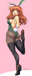 1girl absurdres animal_ears ass black_pantyhose black_thighhighs blush breasts erakin fake_animal_ears fake_tail full_body girls_und_panzer green_leotard highres large_breasts leotard long_hair looking_at_viewer looking_back orange_eyes orange_hair pantyhose pink_background playboy_bunny rabbit_ears rabbit_tail simple_background smile solo tail takebe_saori thighhighs
