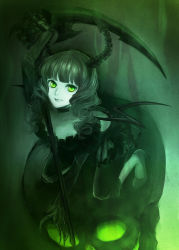 10s 1girl bad_id bad_pixiv_id black_dress black_hair black_rock_shooter curly_hair dead_master dress female_focus full_body gradient_background green_eyes green_theme horns long_hair maui monochrome scythe skull smile solo