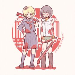 2girls black_hair blonde_hair blood blood_on_clothes bloody_weapon blush boots cosplay costume_switch heather_mason holding holding_lead_pipe hood hoodie in-franchise_crossover lead_pipe miniskirt multiple_girls oisiso over_shoulder school_uniform shimizu_hinako short_hair silent_hill_(series) silent_hill_3 silent_hill_f skirt skirt_tug sleeveless sleeveless_hoodie standing torn_clothes torn_sleeve weapon weapon_over_shoulder