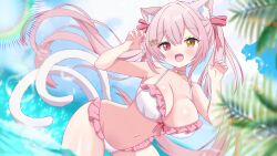 1girl animal_ear_fluff animal_ears beads bikini breasts cameltoe cat_ears claw_pose collar fang fish_hair_ornament frilled_bikini frills hair_beads hair_intakes hair_ornament hair_ribbon halterneck heterochromia highres hiiragisensei large_breasts long_hair multiple_tails navel ocean open_mouth original outdoors pink_hair red_eyes red_ribbon ribbon splashing swimsuit tail twintails wading white_bikini white_collar white_tail yellow_eyes