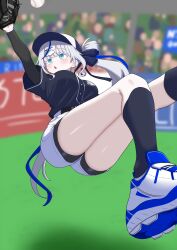 1girl absurdres aokumo_rin arm_up arm_warmers ass baseball_cap baseball_glove bike_shorts black_shirt black_socks blue_eyes blurry blurry_background breasts colored_eyelashes hair_ribbon hat highres kneehighs large_breasts long_hair looking_up multicolored_hair oldsickkim open_mouth ribbon shirt shoes shorts side_ponytail sneakers socks solo stellive streaked_hair thighs very_long_hair virtual_youtuber white_eyelashes white_hair white_shorts
