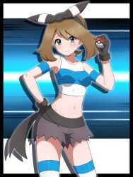 1girl absurdres alternate_legwear bandana blush breasts brown_hair commentary_request cosplay crop_top gloves highres holding holding_poke_ball looking_at_viewer may_(pokemon) midriff nintendo poke_ball poke_ball_(basic) pokemon pokemon_oras shabana_may shirt shorts sleeveless solo striped_clothes team_aqua team_aqua_grunt team_aqua_grunt_(cosplay) team_aqua_uniform thighhighs