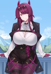 1girl absurdres black_jacket blue_sky breasts cleavage cleavage_cutout clothing_cutout cloud commentary cosplay cowboy_shot day english_commentary eyewear_on_head fire_emblem fire_emblem_engage gloves highres honkai:_star_rail honkai_(series) ivy_(fire_emblem) jacket kafka_(honkai:_star_rail) kafka_(honkai:_star_rail)_(cosplay) kanta077 large_breasts long_hair looking_at_viewer nintendo pantyhose purple_eyes purple_gloves purple_hair purple_pantyhose second-party_source shirt sky smile solo standing sunglasses thigh_strap white_shirt