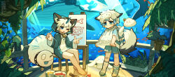 2boys animal_ears barefoot blue_eyes chinese_commentary commentary_request ears_through_headwear fang kotoba_(1074421015) long_sleeves male_focus multiple_boys open_mouth original sitting standing tail toes white_hair yurie_mouth