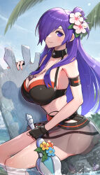 Rule 34 | 1girl, absurdres, armband, ass, bare arms, bare shoulders, between breasts, bikini, bikini skirt, black bikini, black choker, black gloves, breasts, choker, cleavage, collarbone, commentary, cropped, female shez (fire emblem), female shez (summer) (fire emblem), fingerless gloves, fire emblem, fire emblem: three houses, fire emblem heroes, fire emblem warriors: three hopes, flower, gloves, gonzarez, hair flower, hair ornament, hair over one eye, half updo, highres, holding, large breasts, long hair, looking at viewer, navel, nintendo, official alternate costume, purple eyes, purple hair, see-through clothes, sitting, smile, solo, stomach, surfboard, swimsuit, thighs, very long hair, whistle, whistle around neck