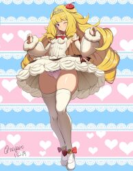 1girl big_hair blonde_hair blush bow breasts cherry covered_erect_nipples detached_sleeves dress drill_hair food fruit fur_trim hair_fruit highres lace looking_at_viewer meringue nagare_(flow) one_eye_closed original panties ribbon sleeveless sleeveless_dress small_breasts solo striped_clothes striped_panties thick_thighs thighhighs thighs tiara twin_drills underwear upskirt wide_sleeves