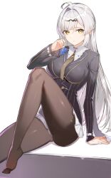 1girl ahoge black_pantyhose black_shirt blue_flower breasts commentary flower flower_on_chest foot_out_of_frame hair_intakes hashtag-only_commentary highres large_breasts long_hair long_sleeves looking_at_viewer official_alternate_costume pantyhose rikoma shirt simple_background sitting solo white_background white_hair yellow_eyes yixuan_(trails_of_ink)_(zenless_zone_zero) yixuan_(zenless_zone_zero) zenless_zone_zero