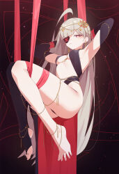 1girl absurdres ahoge armpits arms_behind_head barefoot behalter black_gloves black_thighhighs blunt_bangs blush breasts bridal_legwear closed_mouth commentary cross-shaped_pupils djmax djmax_respect earrings elbow_gloves eyepatch fail_(djmax) feet gloves grey_hair headpiece highres huge_ahoge jewelry legs long_hair looking_at_viewer medium_breasts no_shoes one_eye_covered red_eyes revealing_clothes single_thighhigh solo spread_toes symbol-shaped_pupils thighhighs thighs toes very_long_hair