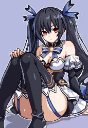 1girl arm_support black_hair breasts cleavage garter_straps hair_ribbon hand_on_knee hand_on_own_knee highres large_breasts looking_at_viewer neptune_(series) noire_(neptunia) pixel_art red_eyes ribbon sitting skirt smile solo thick_thighs thighs twintails