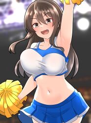 1girl :d arm_up armpits ashigara_(kancolle) blue_skirt blurry blurry_background blush bouncing_breasts breasts brown_eyes brown_hair cheerleader collarbone commentary_request crop_top fang furaggu_(frag_0416) hair_between_eyes highres holding holding_pom_poms kantai_collection long_hair medium_breasts navel open_mouth pleated_skirt pom_pom_(cheerleading) pom_poms sidelocks skirt smile solo standing