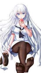 Rule 34 | 1girl, parallel hairclips, absurdres, artistic error, ascot, black ascot, black pantyhose, blue eyes, blunt ends, brown shoes, chinese commentary, commentary request, crossed ankles, feet, floating hair, food, full body, hair ornament, hairclip, hand up, highres, holding, holding food, holding popsicle, holding shoes, holding unworn clothes, legs, licking, light blush, loafers, long hair, looking at viewer, naruse shiroha, no shoes, pantyhose, popsicle, puffy short sleeves, puffy sleeves, ringed eyes, sailor collar, saliva, school uniform, serafuku, shirt, shoes, short sleeves, sidelighting, simple background, sitting, skirt, soles, solo, summer pockets, summer pockets school uniform, toes, tongue, tongue out, ultra258, unworn shoes, very long hair, watermelon bar, white background, white hair, white sailor collar, white serafuku, white shirt, white skirt