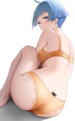 Rule 34 | 1girl, absurdres, ahoge, ass, back tattoo, blue eyes, bra, closed mouth, codename696, commentary request, from behind, girls&#039; frontline, gradient eyes, highres, looking at viewer, looking back, multicolored eyes, orange eyes, panties, short hair, simple background, sitting, solo, tattoo, tramp stamp, underwear, white background, yellow bra, yellow panties, zas m21 (girls&#039; frontline)