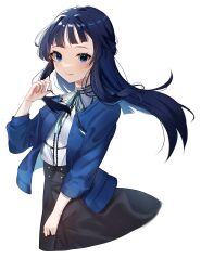 Rule 34 | 1girl, absurdres, black hair, black skirt, blue cardigan, blue eyes, blush, cardigan, closed mouth, cropped legs, floating hair, green eyes, hand up, highres, idolmaster, idolmaster million live!, long hair, long sleeves, mogami shizuka, neck ribbon, open cardigan, open clothes, ribbon, shirt, simple background, skirt, smile, solo, thousa 01, white background, white shirt