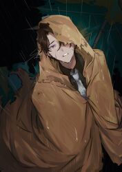 1boy absurdres black_background black_shirt brown_cloak brown_hair cloak collared_shirt crying e.g.o_(project_moon) heathcliff_(project_moon) highres hood hooded_cloak limbus_company looking_up necktie open_mouth parted_bangs project_moon purple_eyes rain s3l610 shirt simple_background sunshower_(e.g.o) technology_liberation_alliance_(identity)_(project_moon) torn_umbrella umbrella white_necktie
