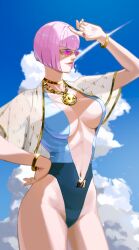 1girl blue_eyes bob_cut bracelet breasts center_opening gold_bracelet gold_necklace hand_over_face highleg highleg_one-piece_swimsuit highres jewelry large_breasts looking_to_the_side manon_legrand medallion namamo_(squidrilling) neck_ring necklace official_alternate_costume official_alternate_hairstyle one-piece_swimsuit pink-tinted_eyewear pink_hair solo street_fighter street_fighter_6 sunglasses sunlight swimsuit tinted_eyewear