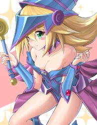 1girl bare_shoulders blonde_hair blush breasts cleavage collarbone dark_magician_girl detached_collar duel_monster feet_out_of_frame green_eyes hair_between_eyes hat highres kakutasu_(akihiron_cactus) large_breasts long_hair looking_at_viewer one_eye_closed simple_background solo thighs witch witch_hat wristband yu-gi-oh!