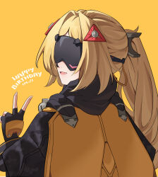 Rule 34 | 1girl, :d, absurdres, black gloves, black jacket, blonde hair, cape, eye mask, facing viewer, fingerless gloves, from behind, gloves, hair ornament, hand up, happy birthday, highres, jacket, long hair, long sleeves, open mouth, ponytail, shibazakie, simple background, smile, solo, trigger (zenless zone zero), upper body, v, yellow background, yellow cape, zenless zone zero