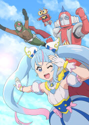 1girl b-robo_kabutack blue_cape blue_dress blue_eyes blue_hair blue_sky bow brooch cape cloud cloudy_sky commentary_request cure_sky cut_bangs day detached_sleeves dress dress_bow earclip earrings fingerless_gloves gloves gradient_hair hair_ornament highres hirogaru_sky!_precure jewelry leaning_forward long_hair looking_at_viewer magical_girl multicolored_hair new_kamen_rider one_eye_closed open_mouth outdoors partial_commentary pink_bow pink_hair precure puffy_detached_sleeves puffy_sleeves red_cape salute single_earring single_sidelock sky skyrider skyzel sleeveless sleeveless_dress smile sora_harewataru standing streaked_hair tobimasky twintails two-sided_cape two-sided_fabric two-tone_dress two-tone_hair uchuu_tetsujin_kyoudain ueyama_michirou very_long_hair white_dress white_gloves wing_brooch wing_hair_ornament