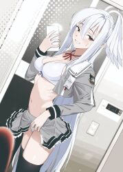1girl absurdres aoguro_midori blue_archive bra cellphone clothes_lift dutch_angle frilled_skirt frills grey_serafuku halo head_wings highres holding holding_phone lifting_own_clothes looking_at_viewer mirror_selfie navel open_clothes open_shirt panties phone school_uniform selfie serafuku single_head_wing single_wing skirt skirt_lift smartphone solo suzumi_(blue_archive) sweat taking_picture underwear white_bra white_panties wings