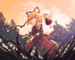 1girl blonde_hair blouse blue_eyes cloud dress fairy_wings field flower flower_field from_below furahata_gen glint grass hair_between_eyes hair_ribbon highres holding holding_flower light_particles lily_of_the_valley long_hair looking_at_viewer medicine_melancholy orange_sky outdoors parted_lips red_dress red_shirt red_skirt ribbon shirt short_hair skirt sky three-quarter_sleeves smile standing su-san tears touhou twilight wind wings