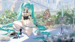 1girl absurdres aqua_eyes aqua_hair arm_tattoo black_bow black_bowtie black_shoes black_vest bow bowtie candle candlestand dress elbow_gloves flower footwear_bow full_body glove_bow gloves hatsune_miku high_heels highres jiantai long_hair looking_at_viewer microphone miku_symphony_(vocaloid) no_shoes number_tattoo phonograph plant pleated_dress reflective_floor shoes sitting sitting_sideways skindentation smile solo sunlight tattoo thighhighs twintails very_long_hair vest vintage_microphone vocaloid white_dress white_flower white_gloves white_thighhighs