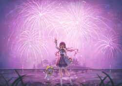 1girl ^_^ absurdres aerial_fireworks animal ankle_socks bare_shoulders belt black_belt black_bow black_ribbon blunt_bangs bow bow_legwear bowtie bra_strap buttons cat center_frills cloak closed_eyes clothed_animal ear_covers eyelashes fireworks floating_clothes floating_hair frilled_shirt frilled_skirt frilled_sleeves frills full_body grass hair_bow hair_intakes hair_ribbon hand_up high-waist_skirt highres hood hood_up hooded_cloak infinity_nikki island jumping knees lake layered_skirt light_particles long_hair long_sleeves low_twintails manunnu mary_janes miniskirt momo_(nikki) navel night night_sky nikki_(nikki) nikki_(series) off-shoulder_shirt off_shoulder open_mouth outdoors perfect_start_(infinity_nikki) pink_bow pink_hair pink_shoes pink_skirt pleated_skirt puffy_long_sleeves puffy_sleeves red_bow red_bowtie ribbon see-through_clothes see-through_sleeves shirt shoes sidelocks skirt sky sleeves_past_wrists smile snowflake_print socks sparkle standing traditional_bowtie tree tress_ribbon twintails very_long_hair wading waving whiskers white_cat white_shirt white_skirt white_socks wind yellow_cloak