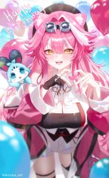 1girl animal_ears ascot balloon beret black_gloves black_hat blush breasts chattino_(raora_panthera) cleavage coat commentary english_commentary eyeshadow fangs fingernails garter_straps gloves goggles goggles_on_head hair_intakes half_gloves happy_birthday hat heart heart_balloon heart_hands highres hololive hololive_english jewelry large_breasts long_hair long_sleeves looking_at_viewer makeup multicolored_hair nail_polish open_mouth panther_ears panther_girl pantsu_shot pink_coat pink_eyeshadow pink_hair pink_nails raora_panthera raora_panthera_(1st_costume) ring shirt shorts single_garter_strap single_glove single_half_glove smile streaked_hair teeth thigh_strap thighhighs twitter_username two-tone_hair upper_teeth_only virtual_youtuber white_ascot white_shirt white_shorts white_thighhighs yellow_eyes