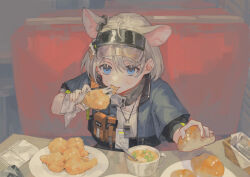 1girl ahoge almond_(arknights) animal_ears arknights blue_eyes blue_jacket booth_seating bread bread_bun chicken_(food) commentary cropped_jacket cup dog_ears dog_girl ear_tag eating food fried_chicken grey_hair highres holding holding_food id_card indoors jacket looking_at_viewer miike_(992058) napkin plate pouch shirt short_hair solo soup spoon table upper_body visor_cap whistle white_shirt