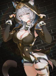 1girl absurdres adjusting_hood animal_ear_fluff animal_ears animal_hood aqua_eyes armpit_cutout belt black_gloves black_leotard blue_eyes braid breasts brick_wall cat_ears cat_girl cat_hood cat_tail cipher_(honkai:_star_rail) cleavage clothing_cutout commentary cowboy_shot elbow_gloves elias2art fingerless_gloves gloves grey_hair highres honkai:_star_rail honkai_(series) hood hood_up hooded_leotard large_breasts leotard long_hair looking_at_viewer no_mole short_hair_with_long_locks shorts single_braid solo tail thigh_belt thigh_strap thighs white_shorts yellow_nails